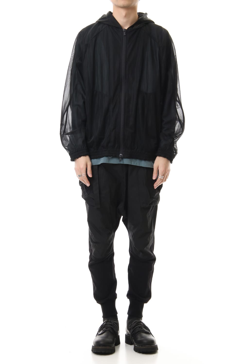 See throug Back print Hooded blouson Black