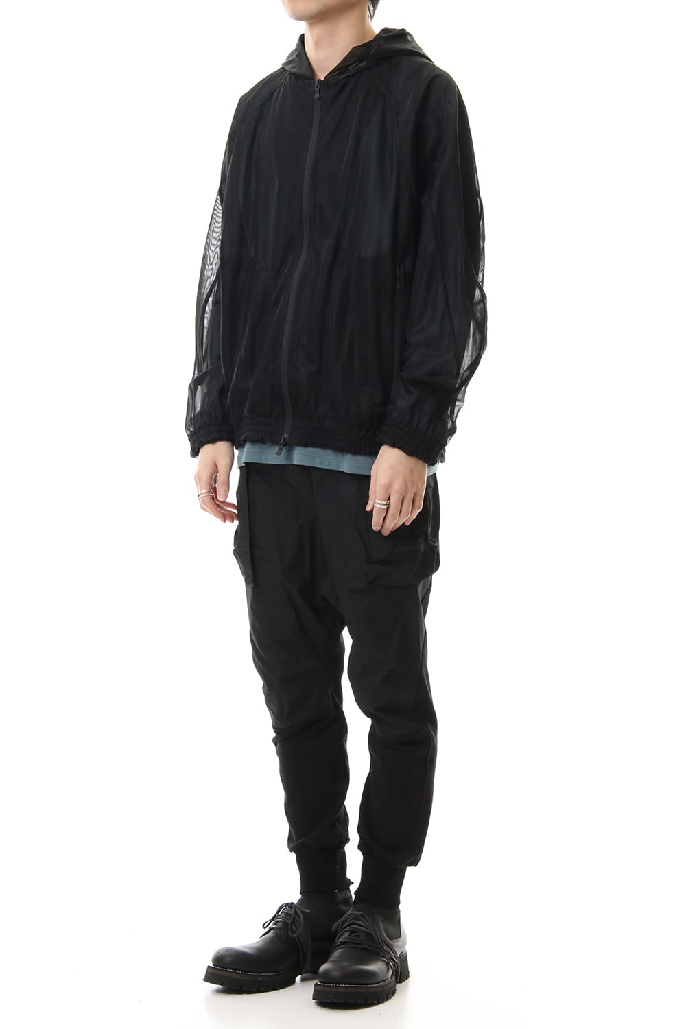 See throug Back print Hooded blouson Black