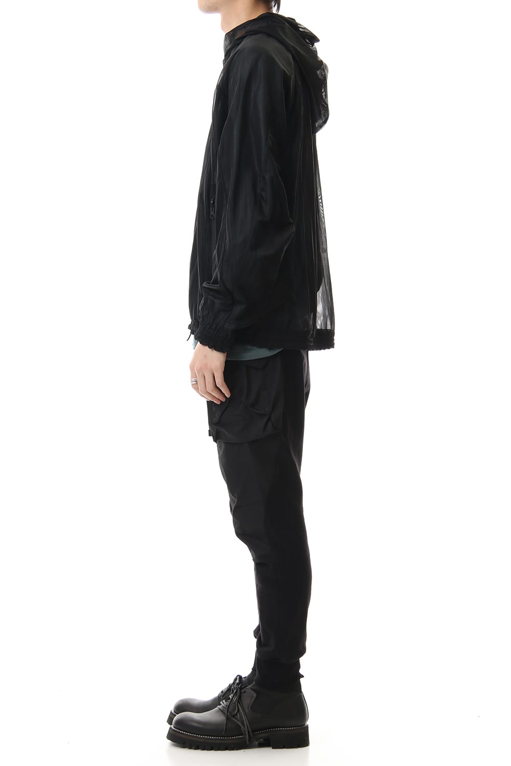 See throug Back print Hooded blouson Black