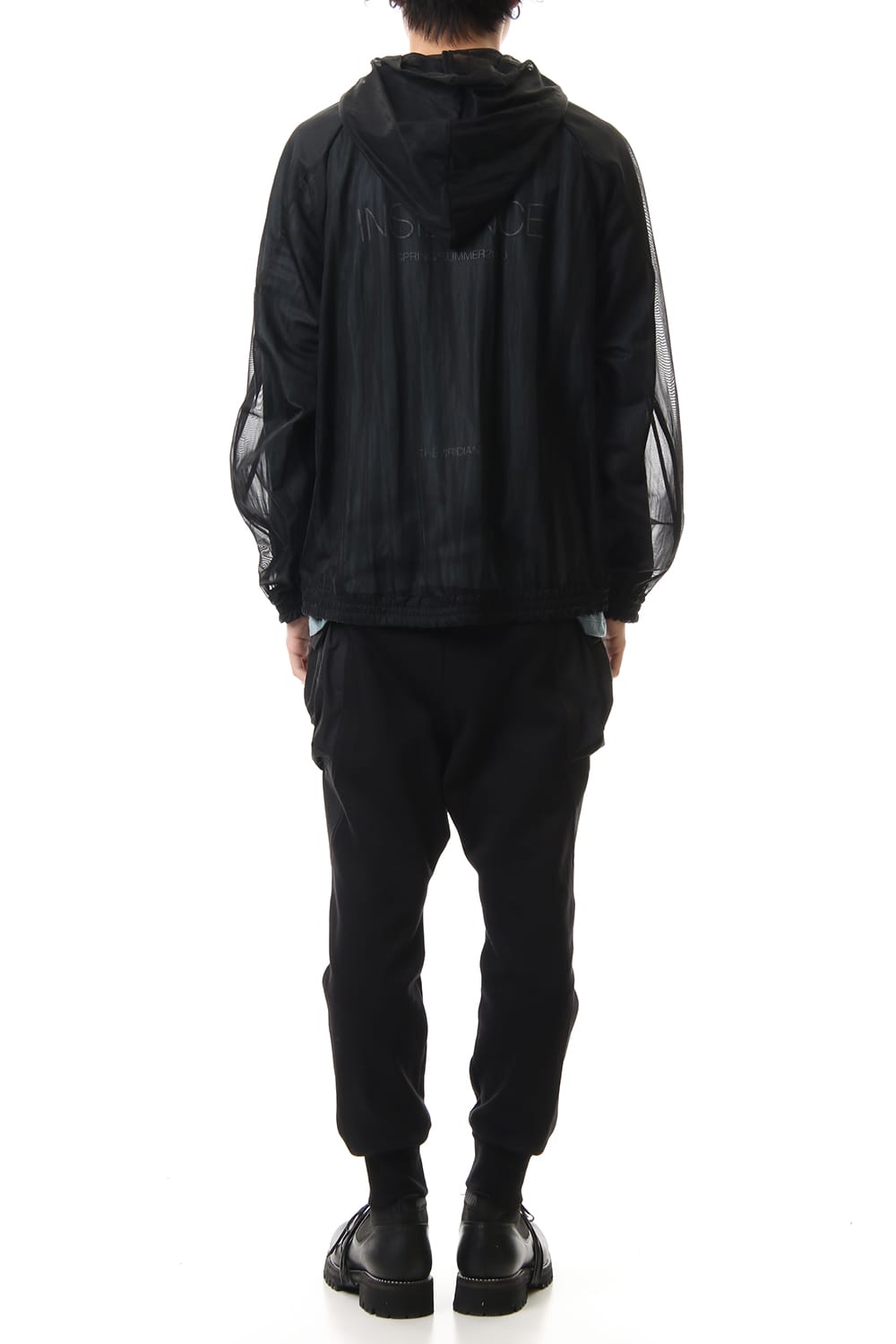 See throug Back print Hooded blouson Black