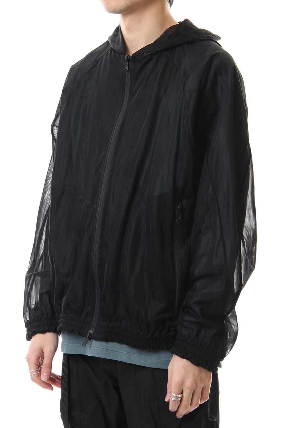 See throug Back print Hooded blouson Black