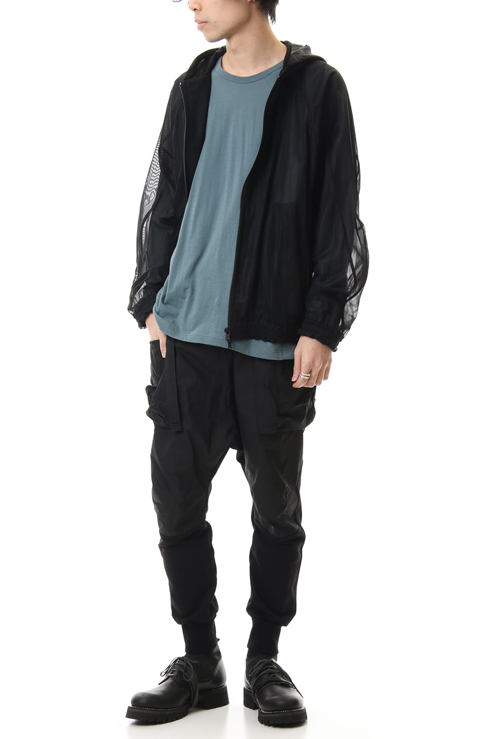See throug Back print Hooded blouson Black