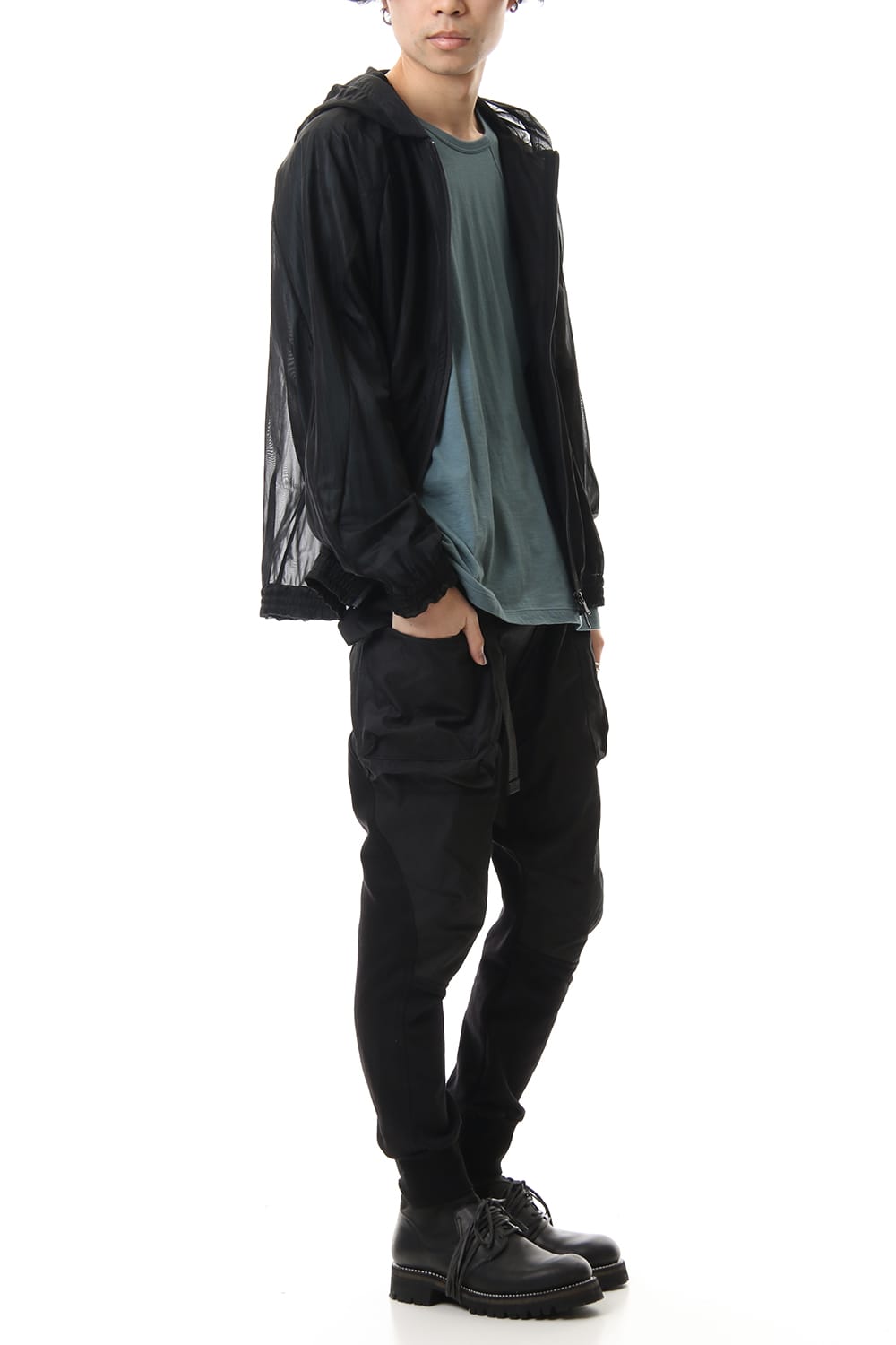 See throug Back print Hooded blouson Black