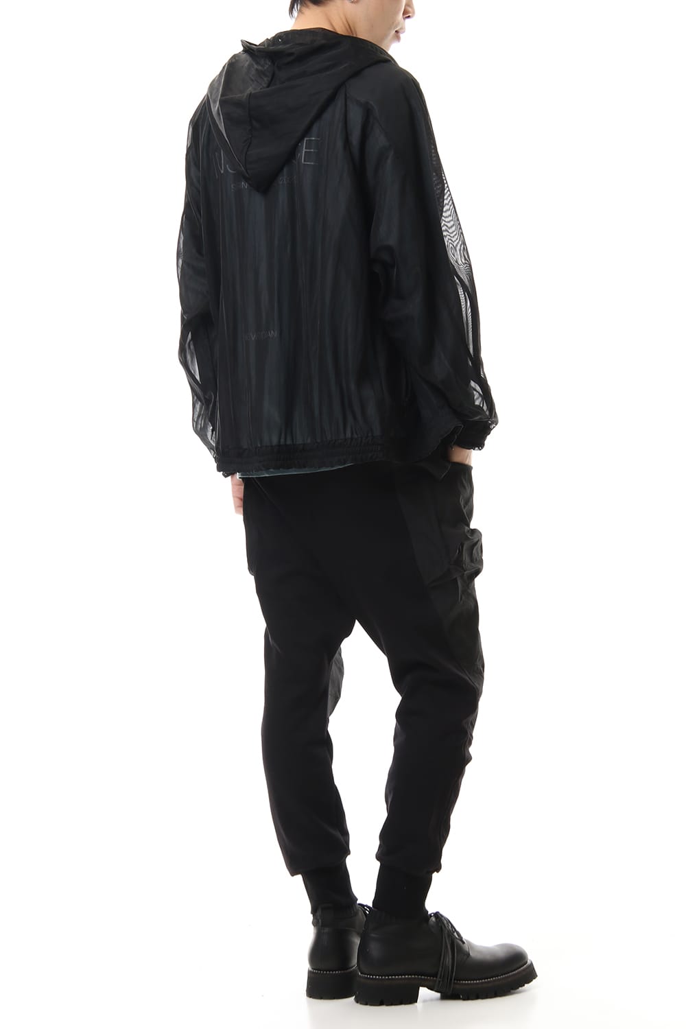 See throug Back print Hooded blouson Black