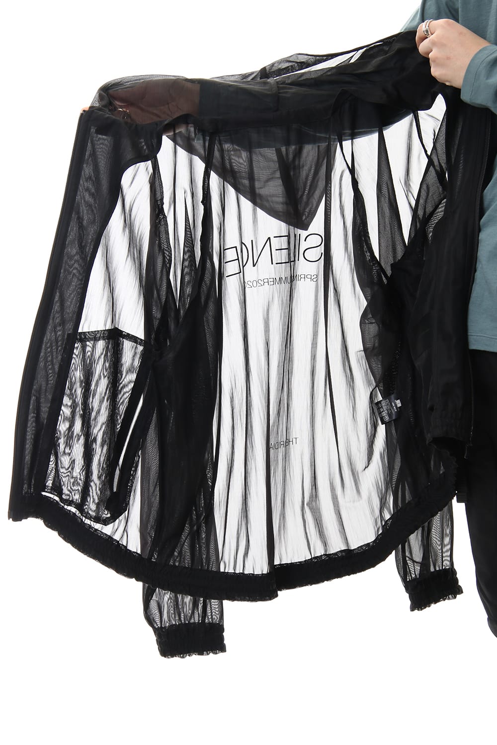 See throug Back print Hooded blouson Black