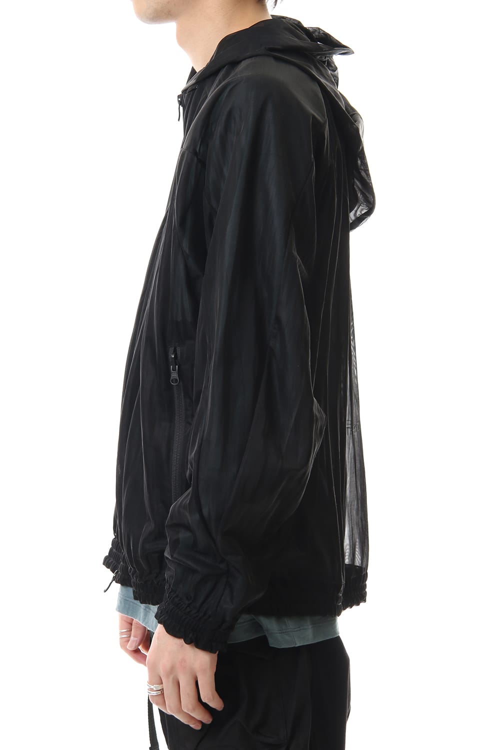 See throug Back print Hooded blouson Black