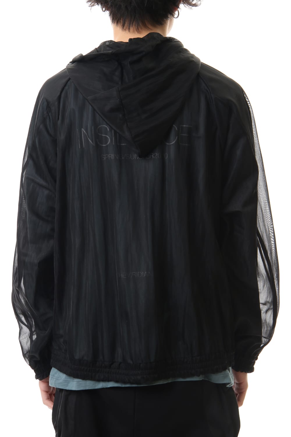 See throug Back print Hooded blouson Black
