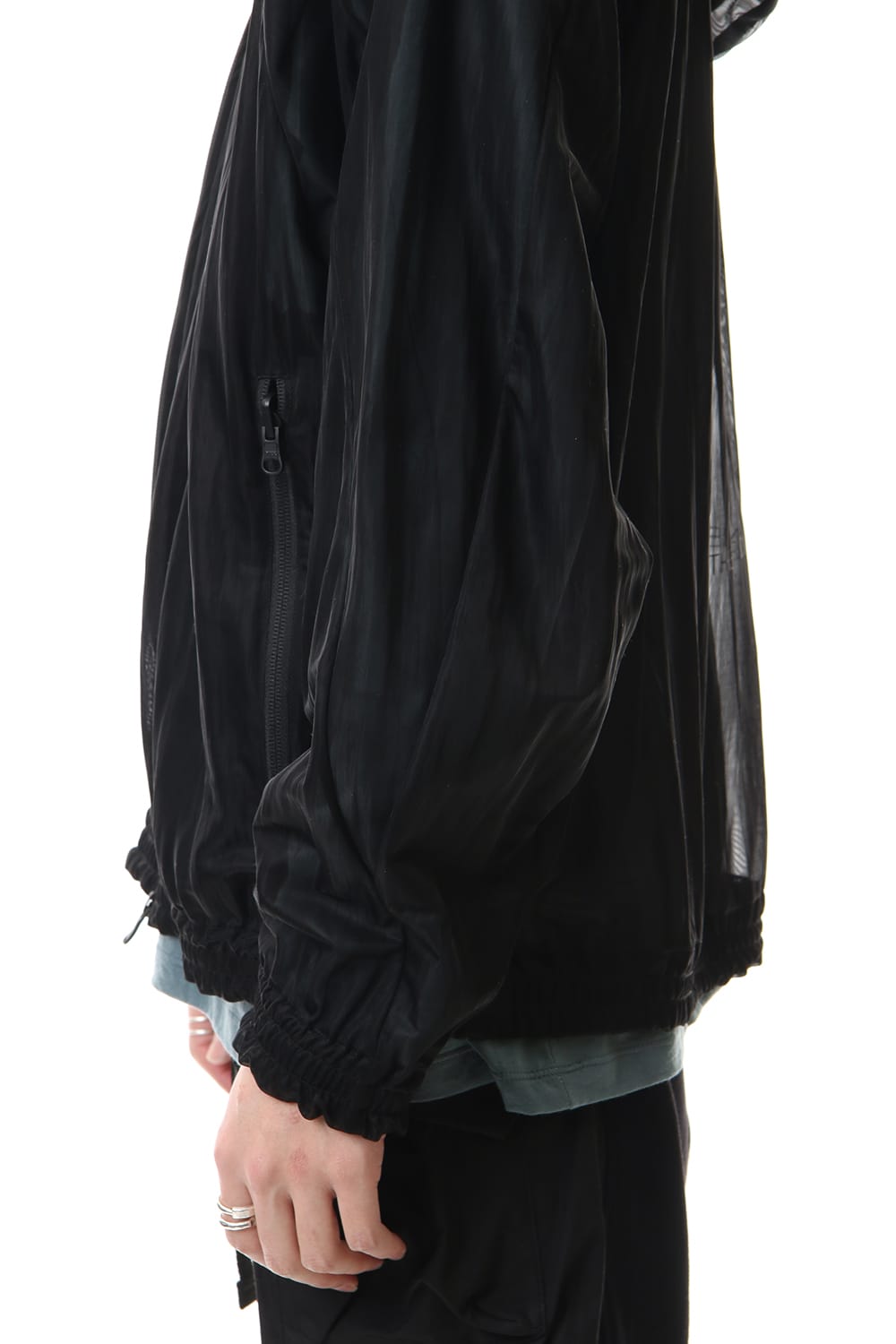 See throug Back print Hooded blouson Black