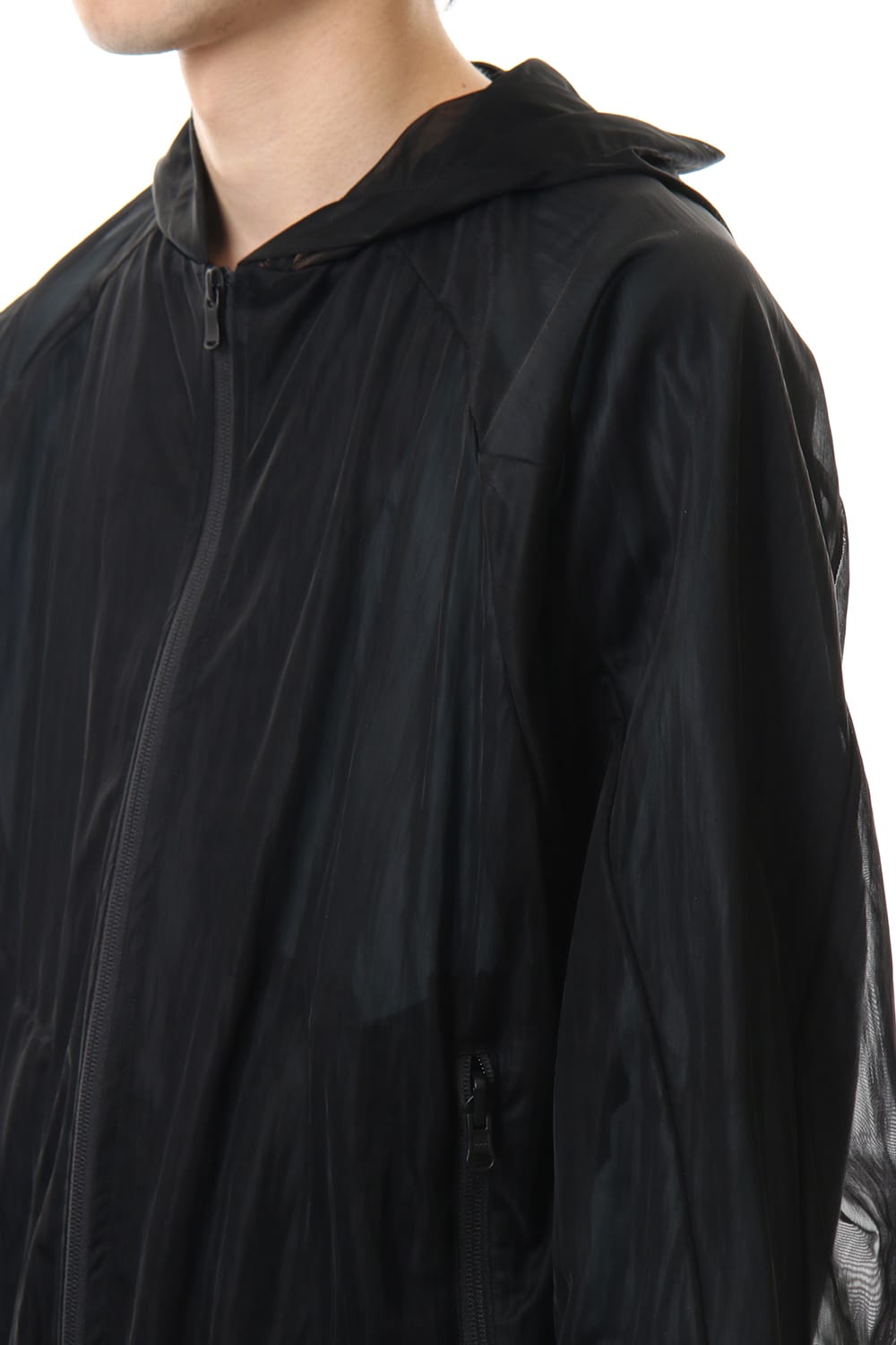 See throug Back print Hooded blouson Black