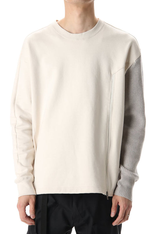 Cotton Fleece-Lined Sleeve Knit Crew Neck Ivory