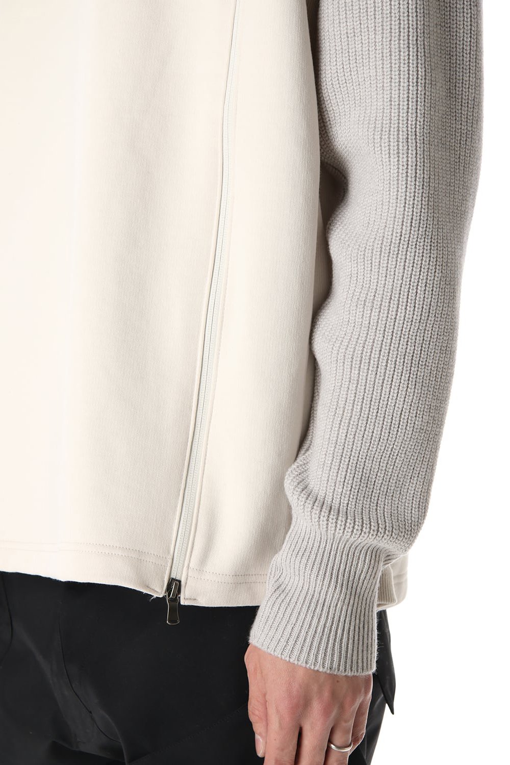 Cotton Fleece-Lined Sleeve Knit Crew Neck Ivory