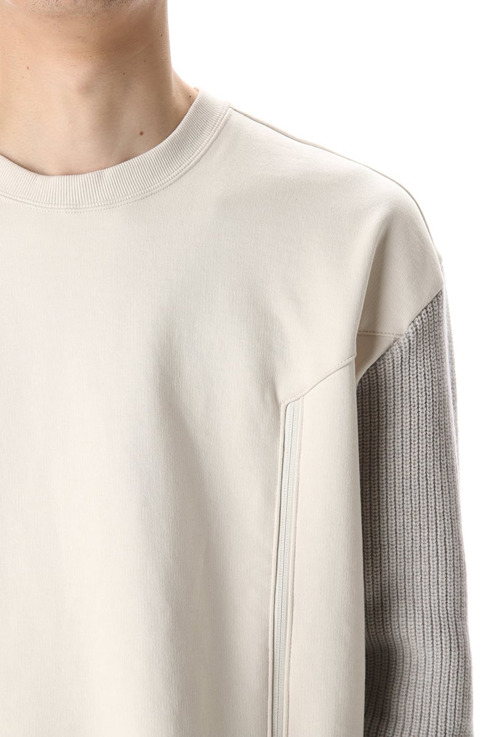 Cotton Fleece-Lined Sleeve Knit Crew Neck Ivory