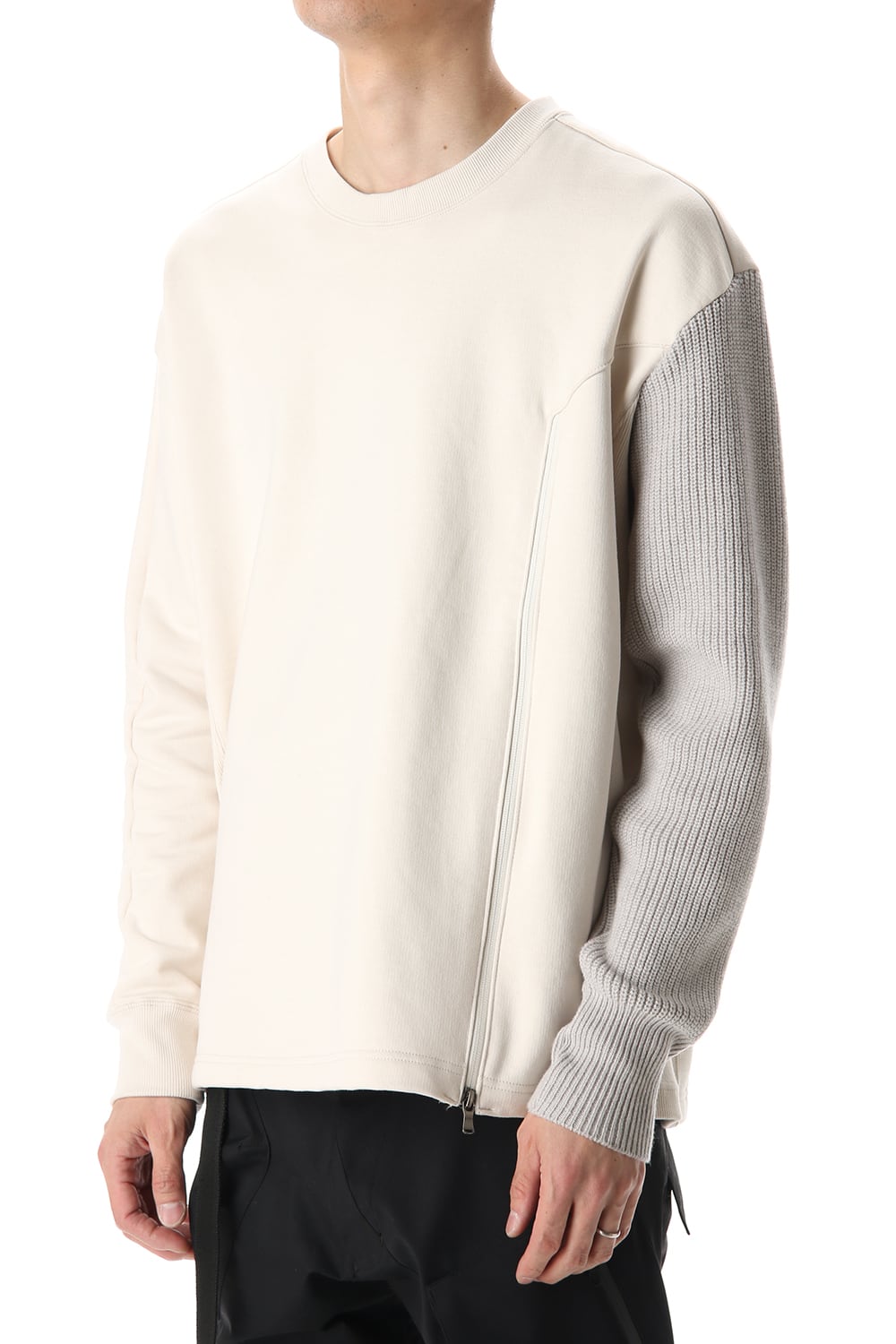 Cotton Fleece-Lined Sleeve Knit Crew Neck Ivory