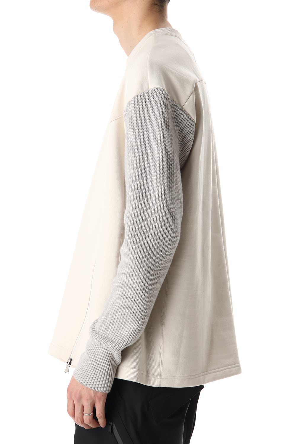 Cotton Fleece-Lined Sleeve Knit Crew Neck Ivory