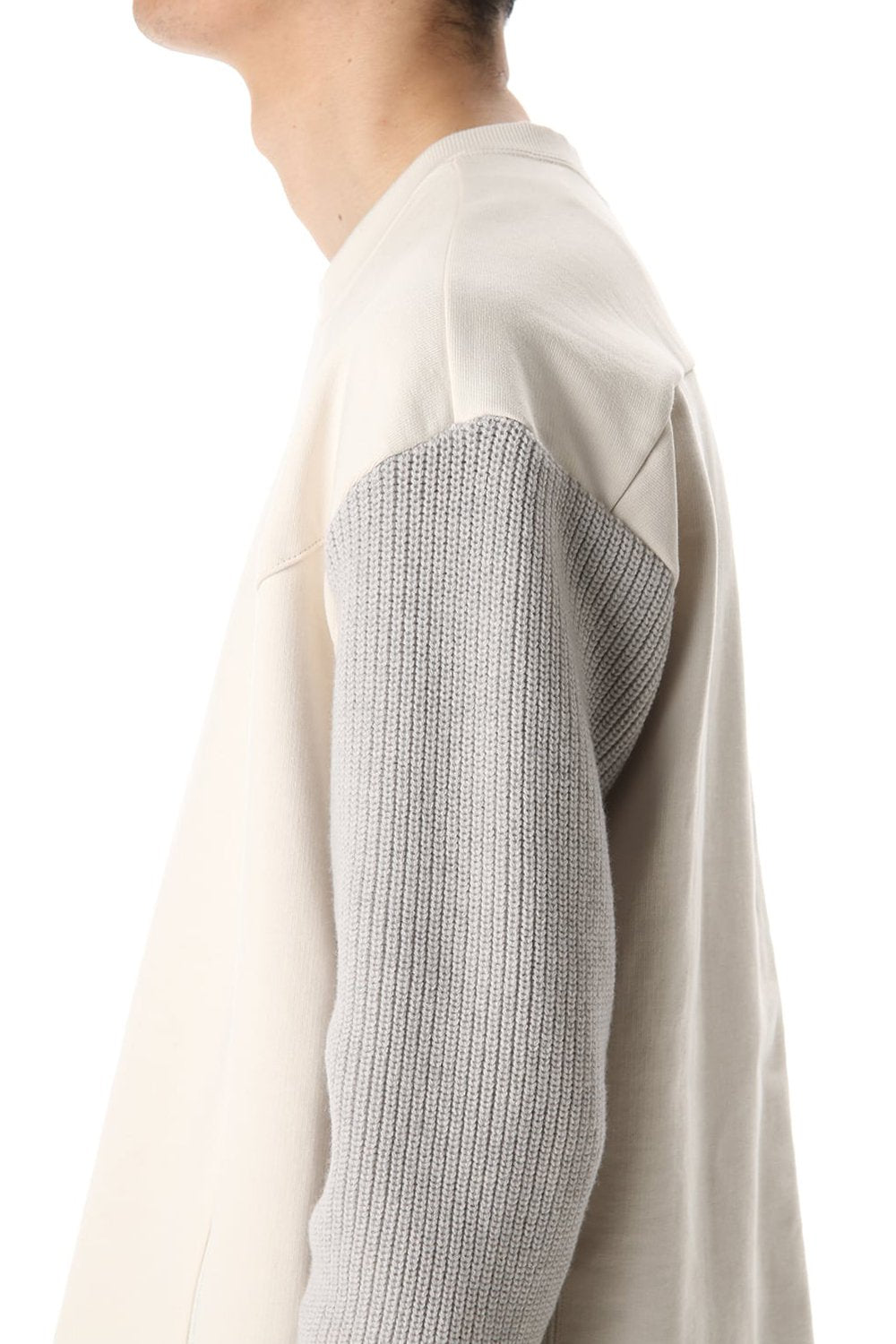 Cotton Fleece-Lined Sleeve Knit Crew Neck Ivory