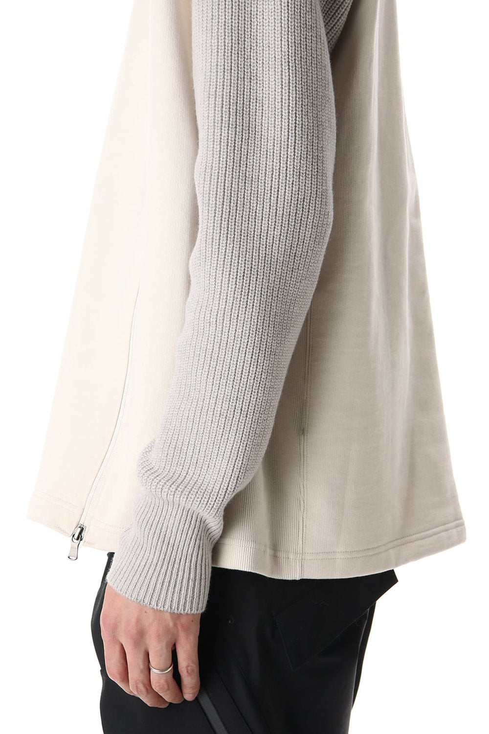 Cotton Fleece-Lined Sleeve Knit Crew Neck Ivory