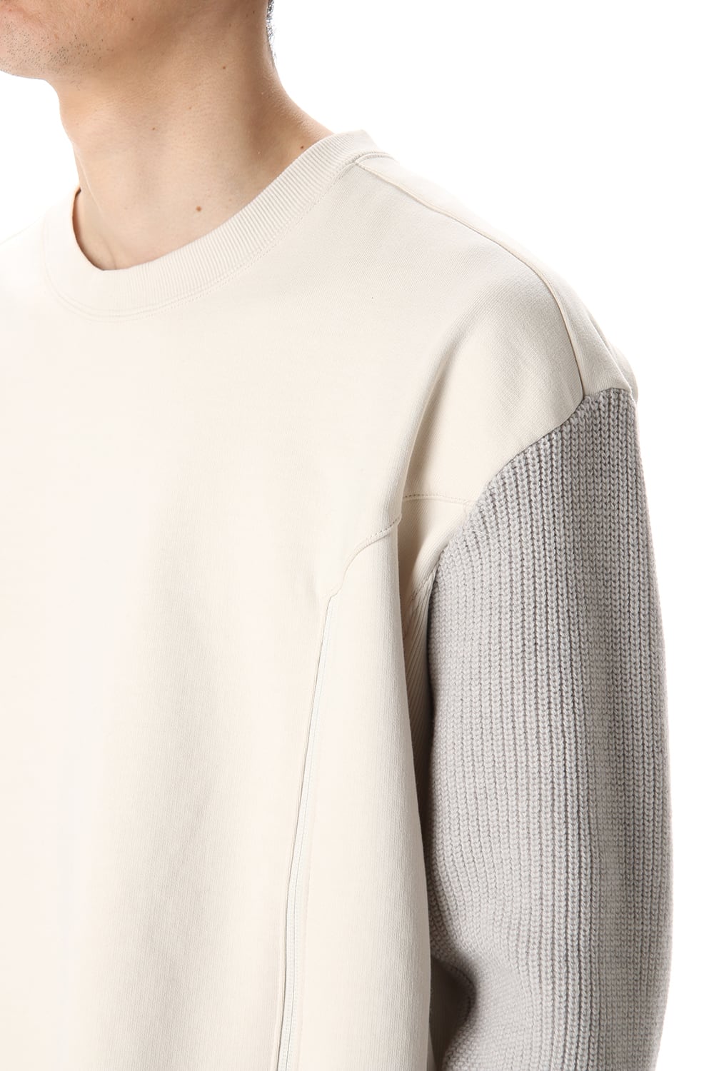 Cotton Fleece-Lined Sleeve Knit Crew Neck Ivory