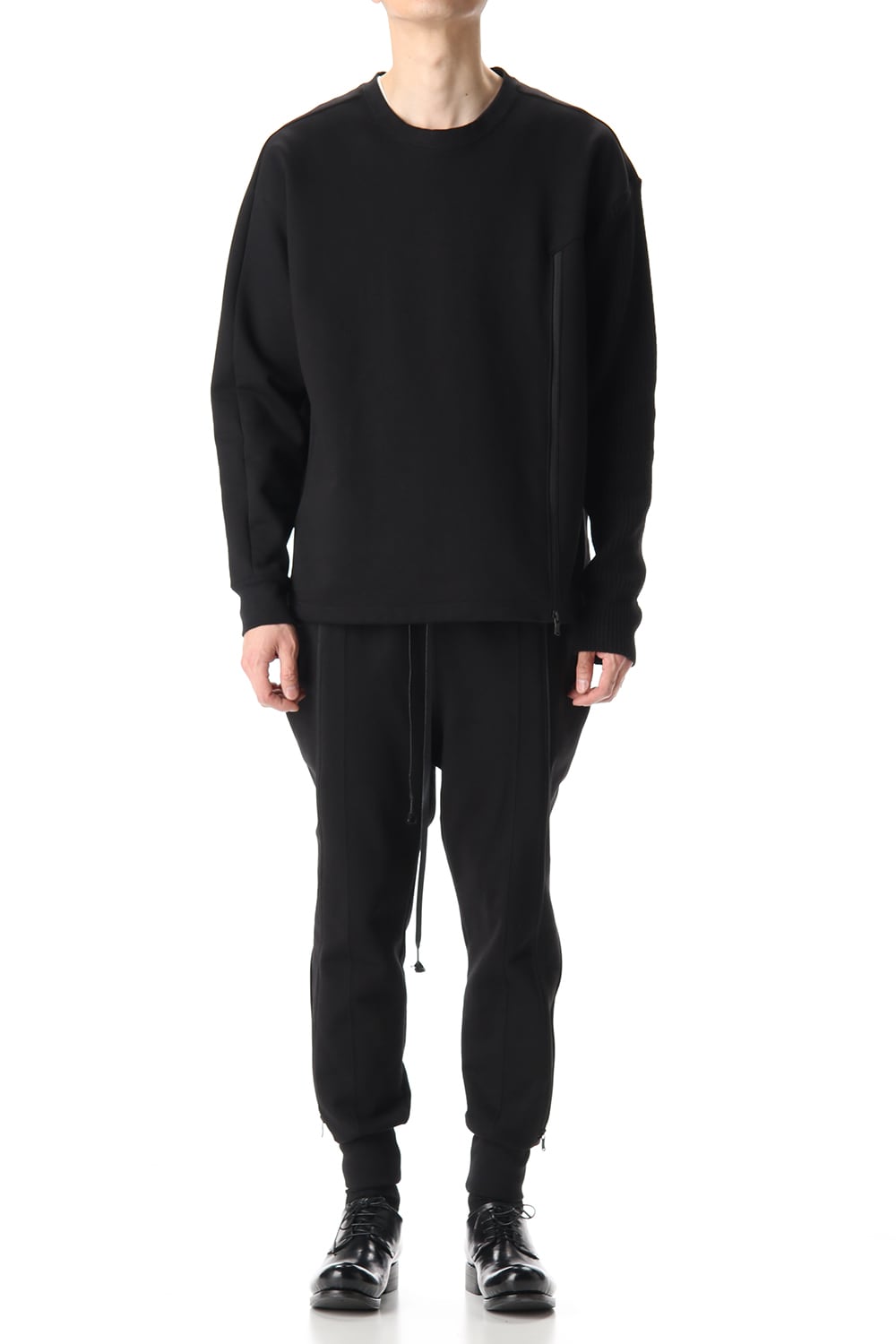 Cotton Fleece-Lined Sleeve Knit Crew Neck Black