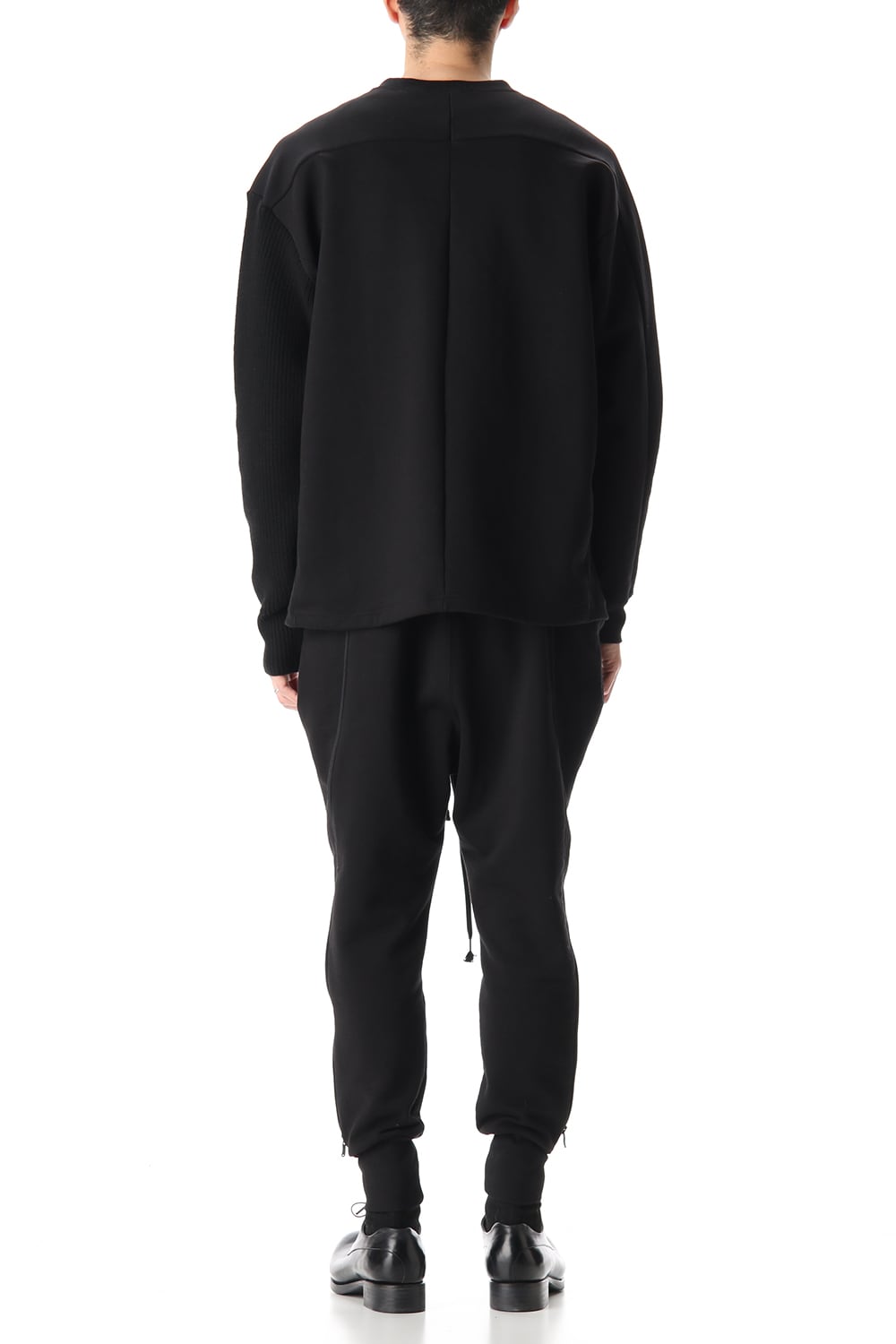 Cotton Fleece-Lined Sleeve Knit Crew Neck Black