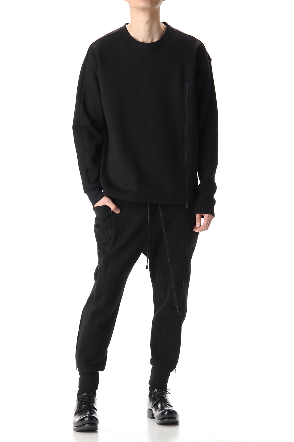 Cotton Fleece-Lined Sleeve Knit Crew Neck Black