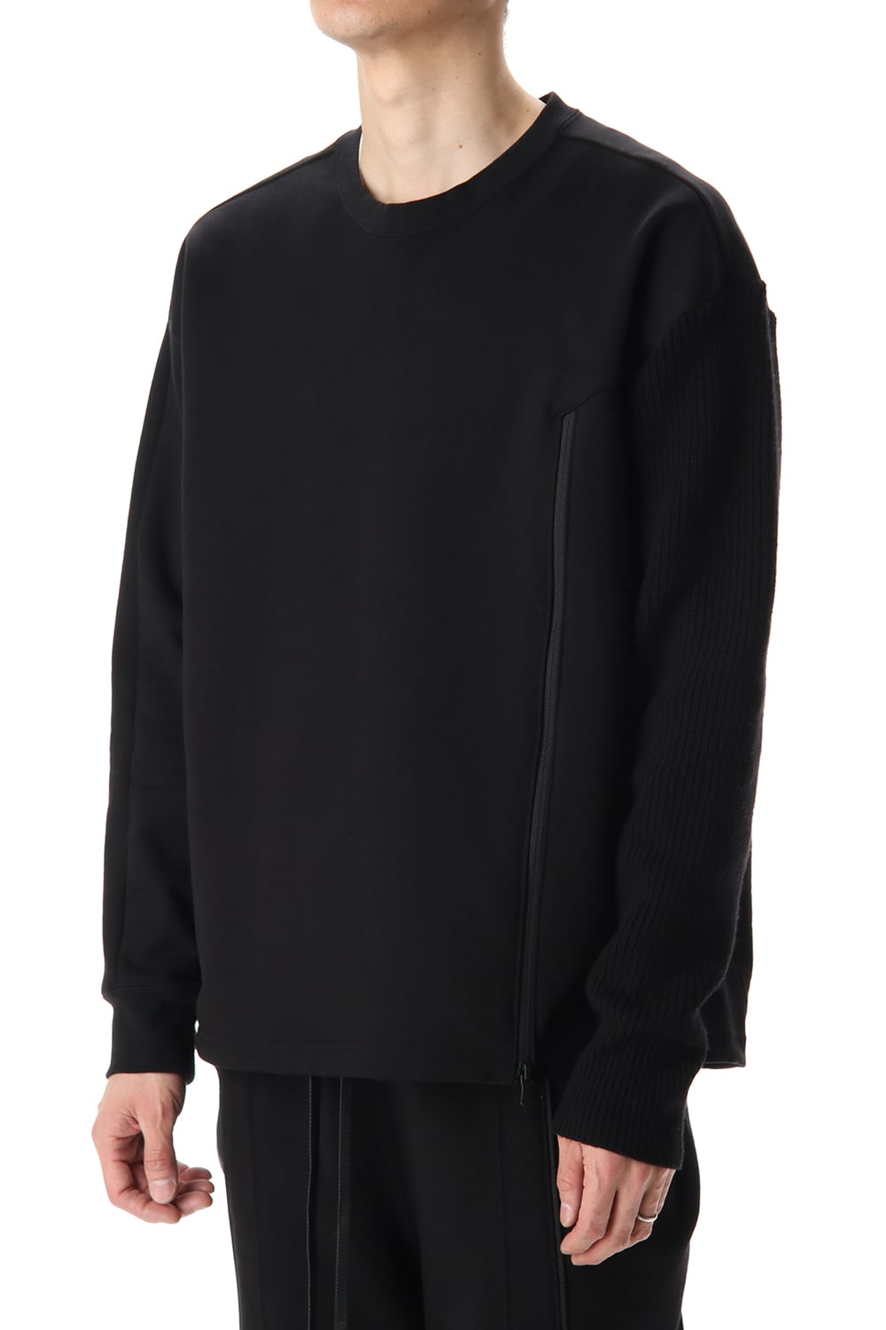 Cotton Fleece-Lined Sleeve Knit Crew Neck Black