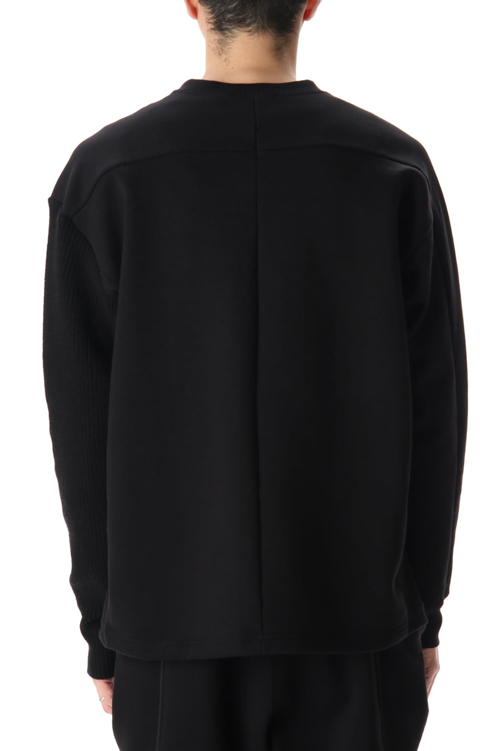 Cotton Fleece-Lined Sleeve Knit Crew Neck Black