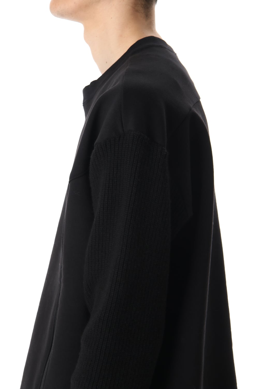 Cotton Fleece-Lined Sleeve Knit Crew Neck Black