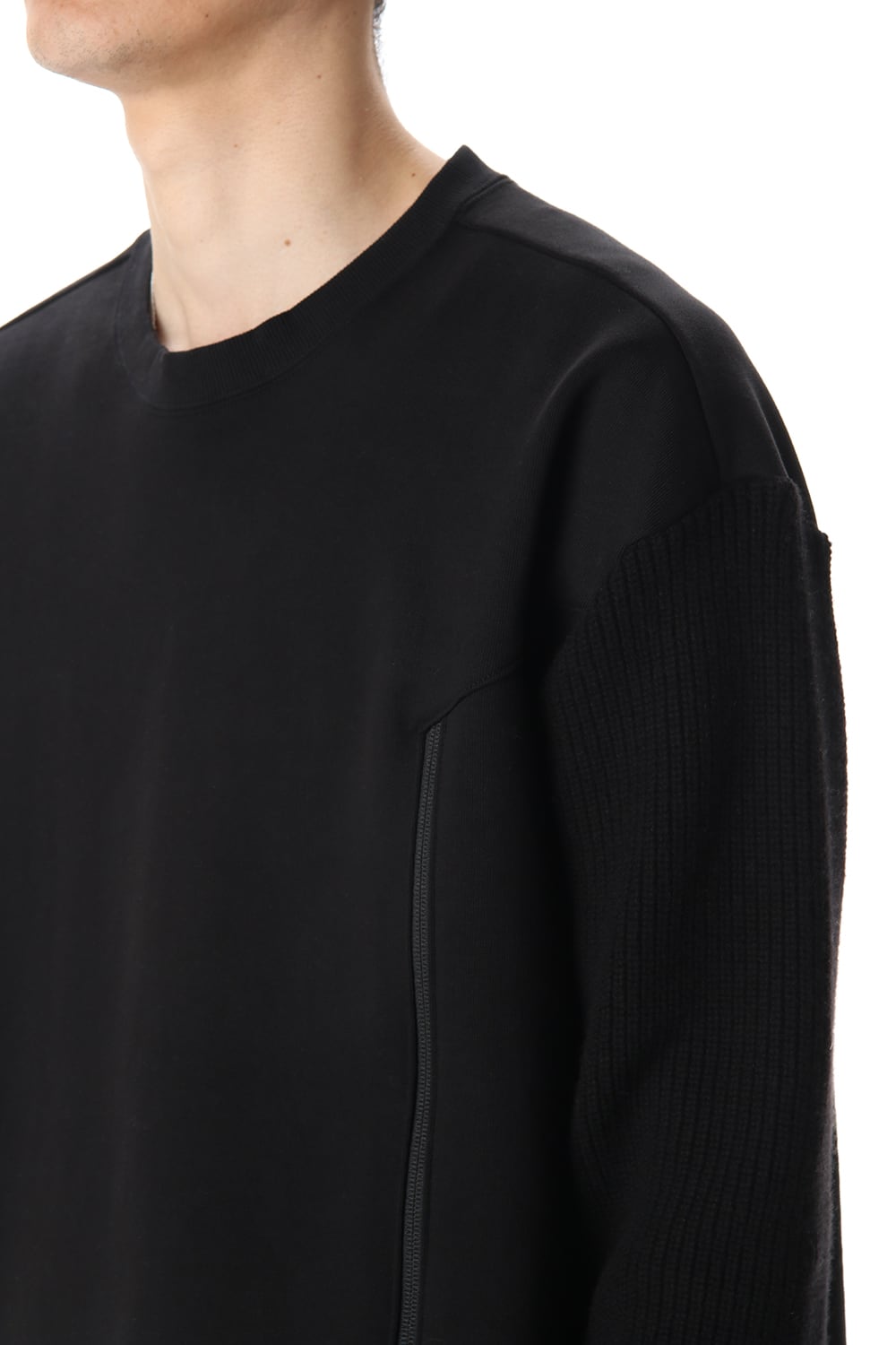 Cotton Fleece-Lined Sleeve Knit Crew Neck Black