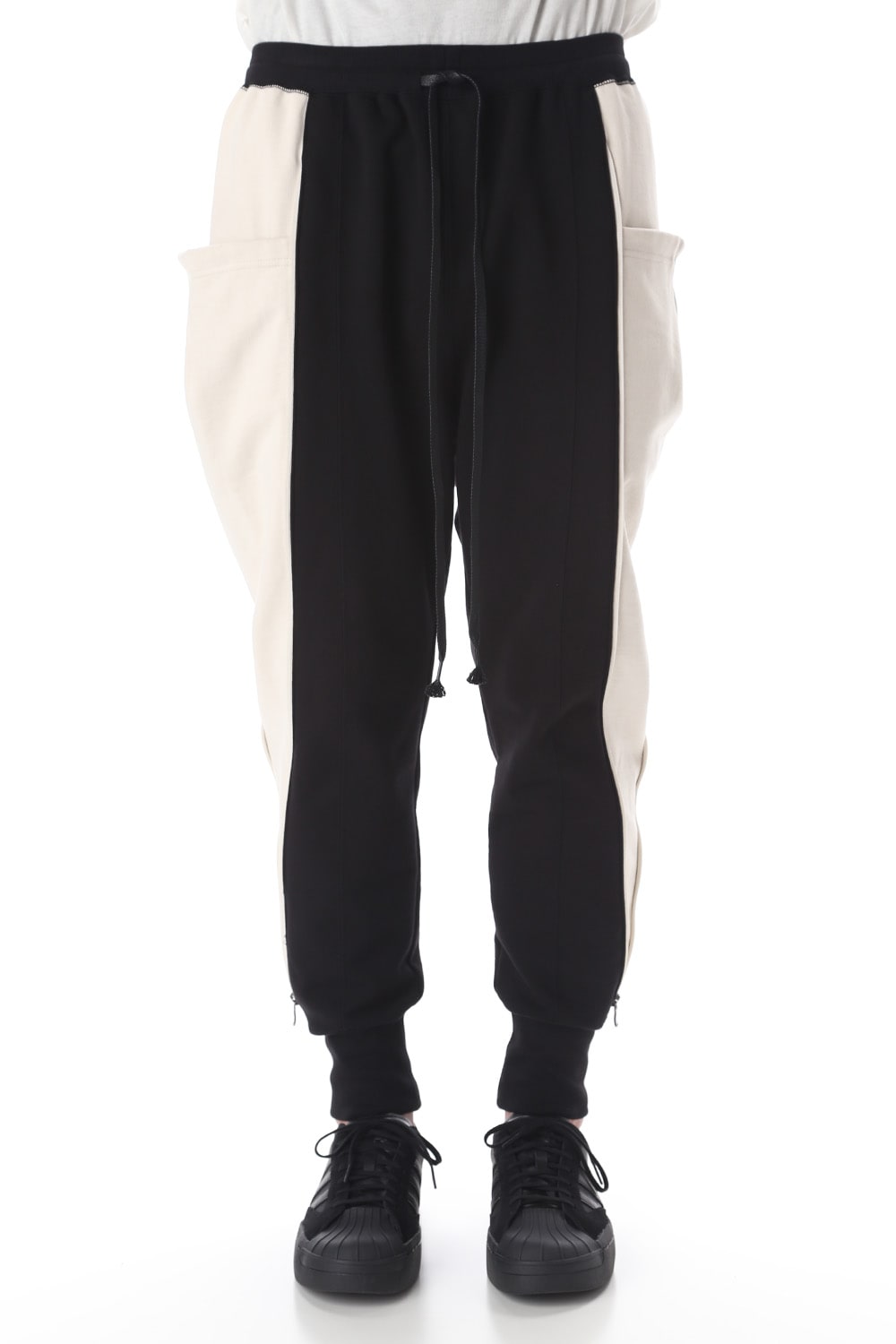 Cotton fleece Side Zip pants Black × Ivory