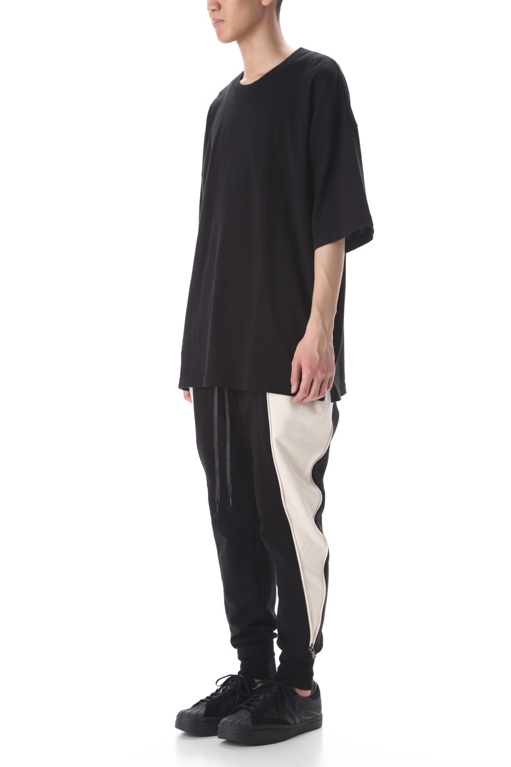 Cotton fleece Side Zip pants Black × Ivory