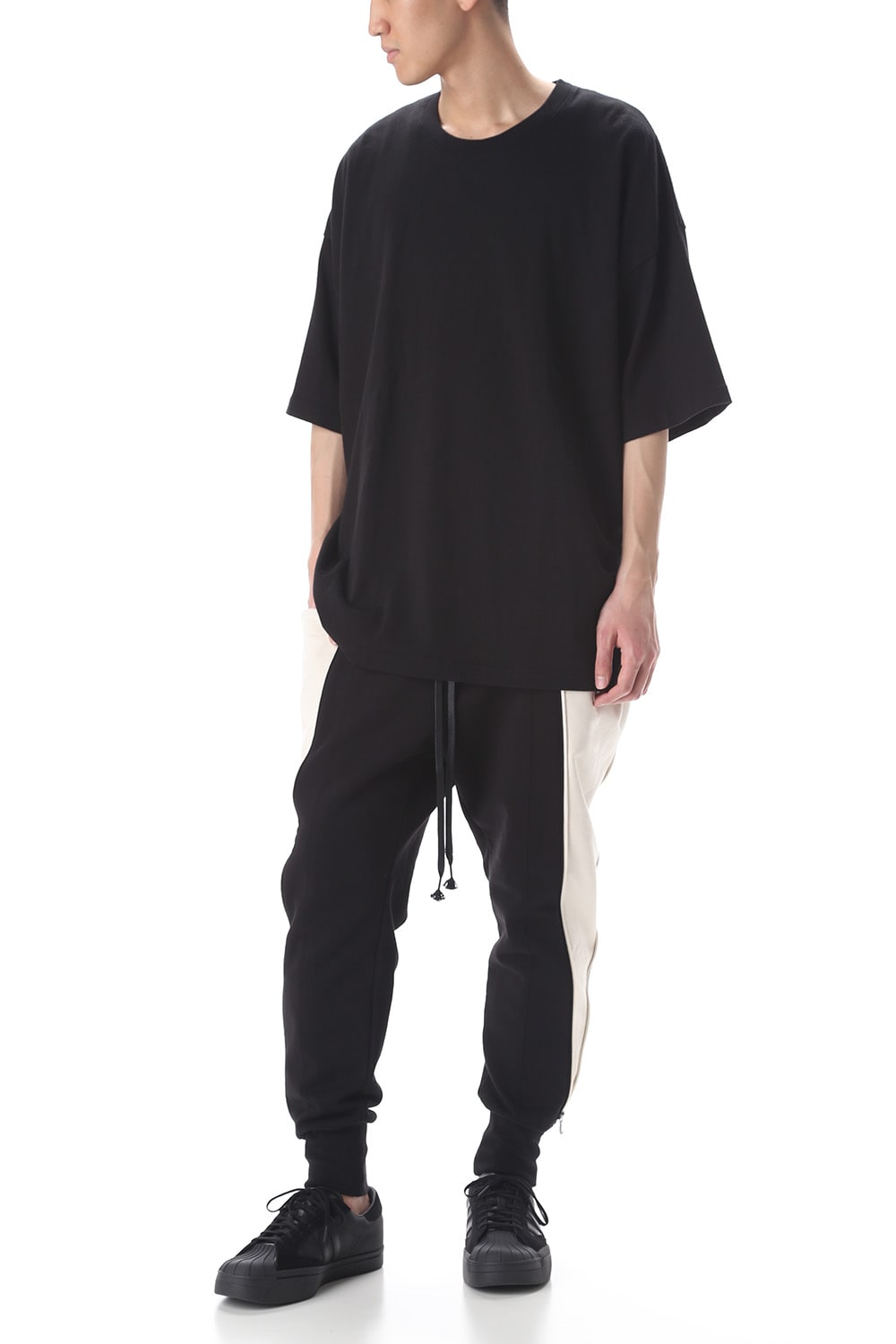 Cotton fleece Side Zip pants Black × Ivory