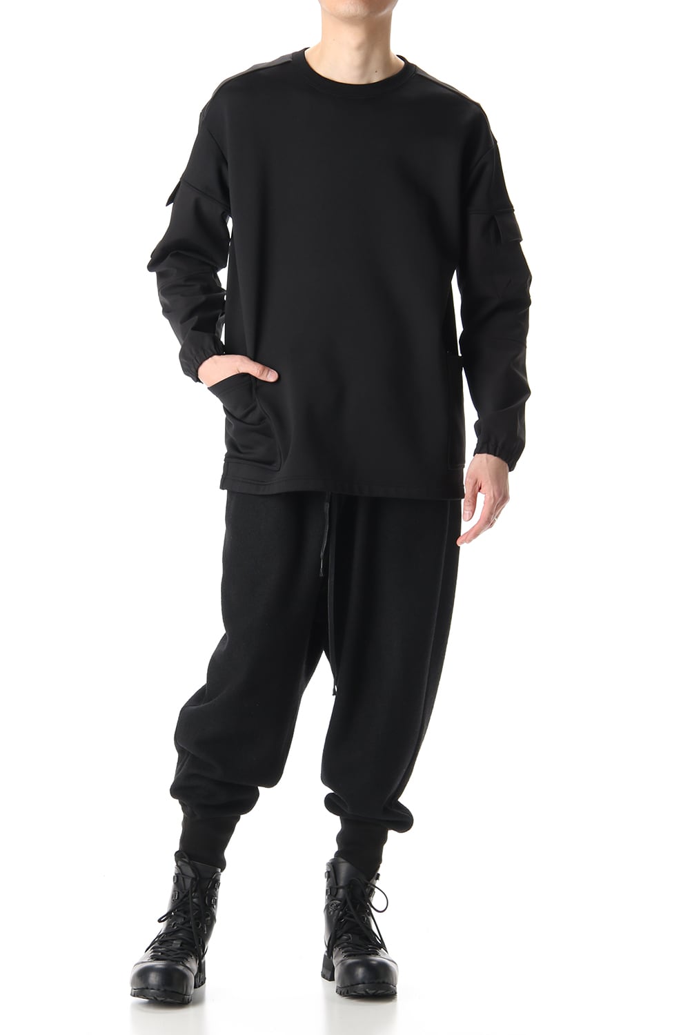 Cotton Nylon Fleece-Lined Crew-Neck Black