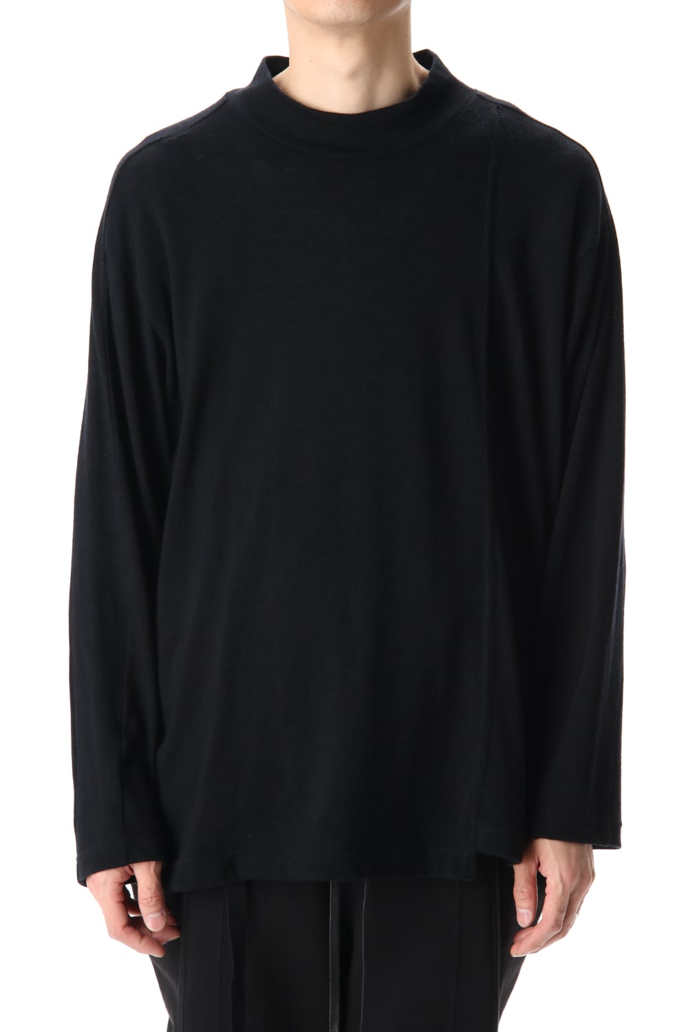 Cotton Wool Jersey High Neck Long Sleeve T-Shirts Black