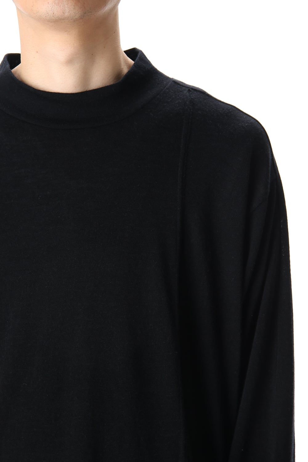 Cotton Wool Jersey High Neck Long Sleeve T-Shirts Black