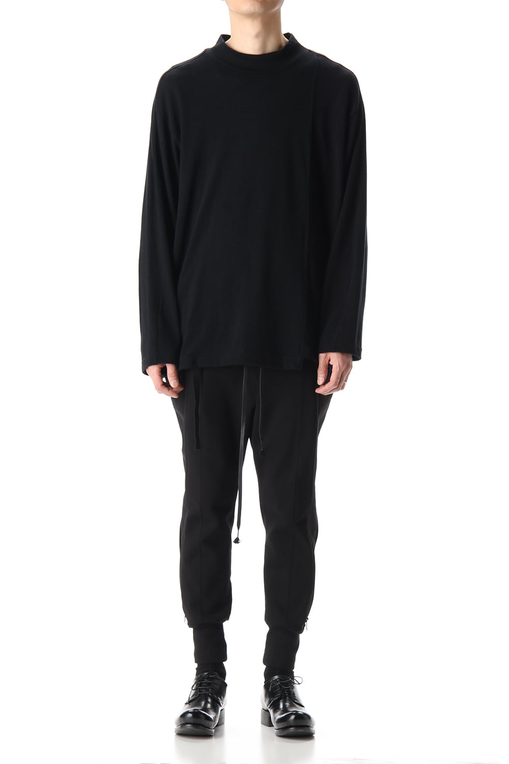 Cotton Wool Jersey High Neck Long Sleeve T-Shirts Black