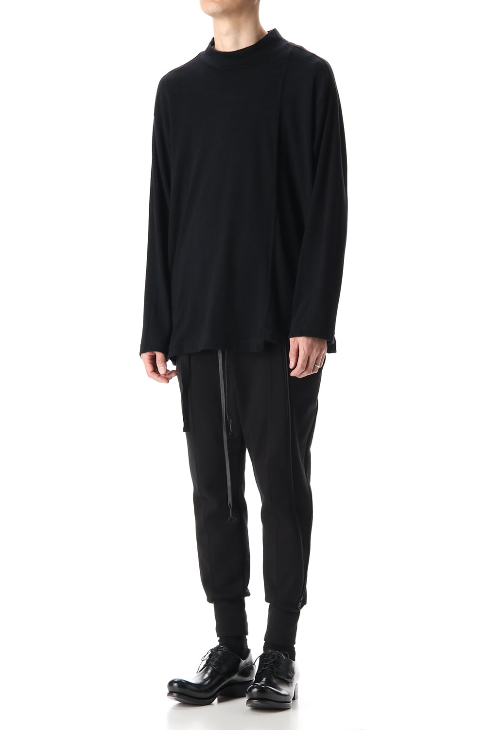 Cotton Wool Jersey High Neck Long Sleeve T-Shirts Black