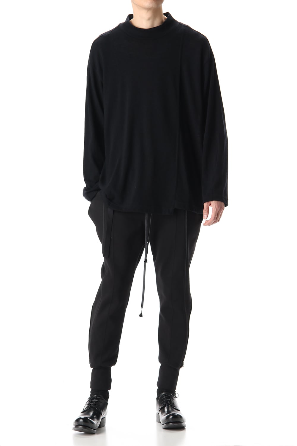 Cotton Wool Jersey High Neck Long Sleeve T-Shirts Black