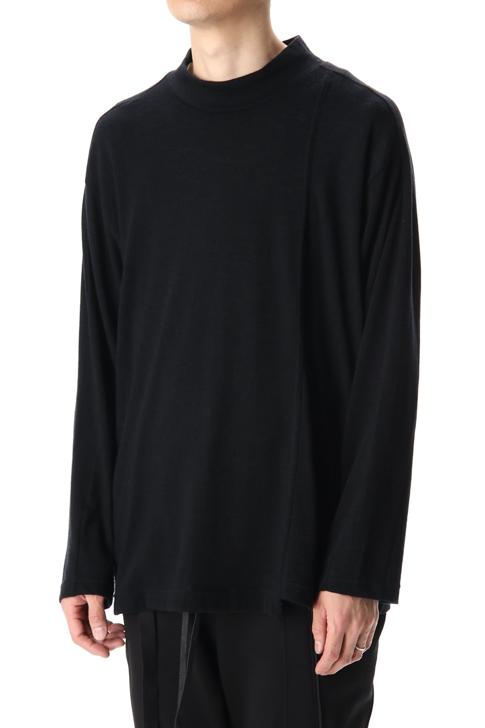 Cotton Wool Jersey High Neck Long Sleeve T-Shirts Black