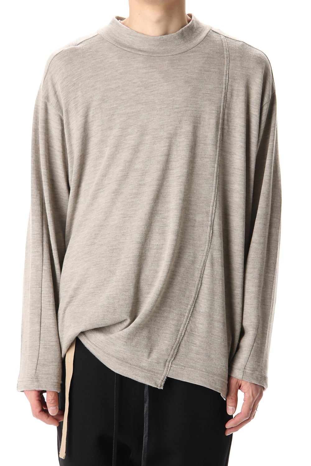 Cotton Wool Jersey High Neck Long Sleeve T-Shirts -Beige