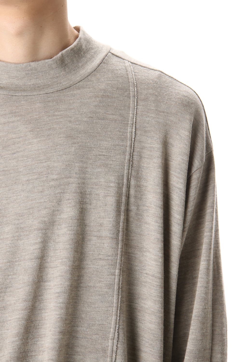 Cotton Wool Jersey High Neck Long Sleeve T-Shirts -Beige