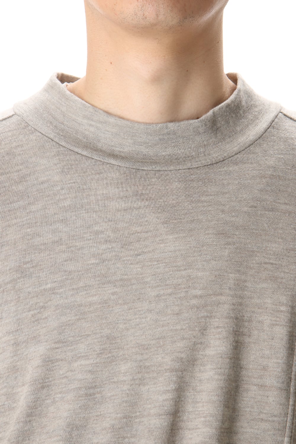 Cotton Wool Jersey High Neck Long Sleeve T-Shirts -Beige