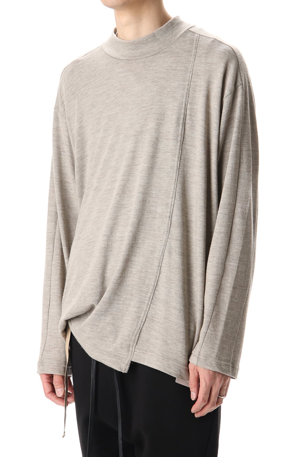 Cotton Wool Jersey High Neck Long Sleeve T-Shirts -Beige