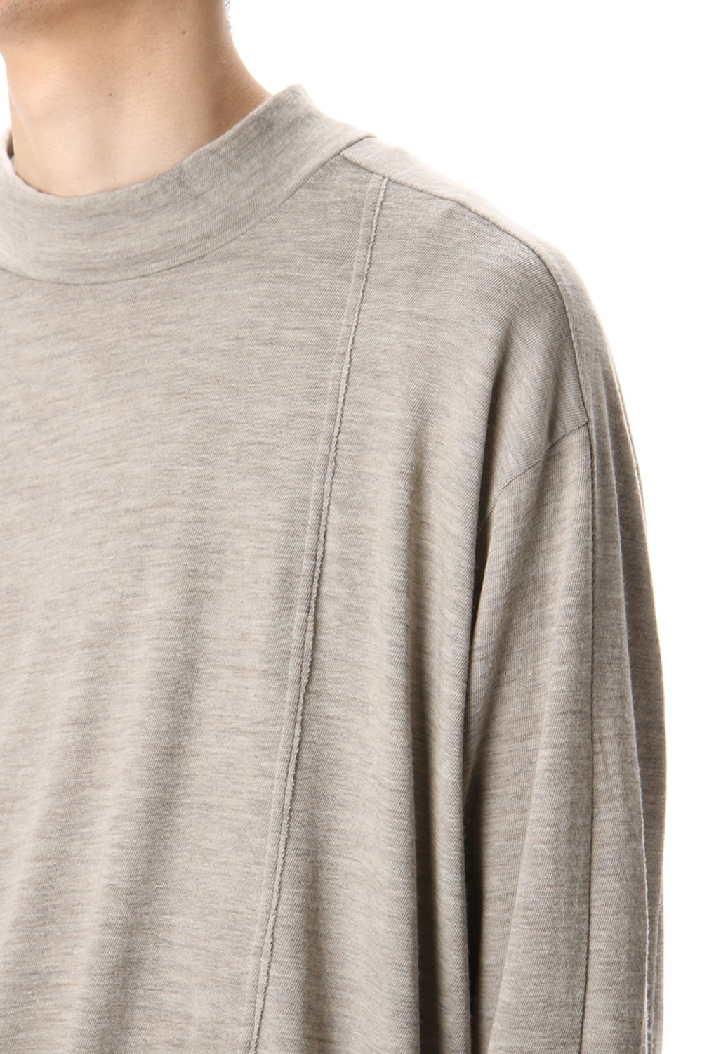 Cotton Wool Jersey High Neck Long Sleeve T-Shirts -Beige