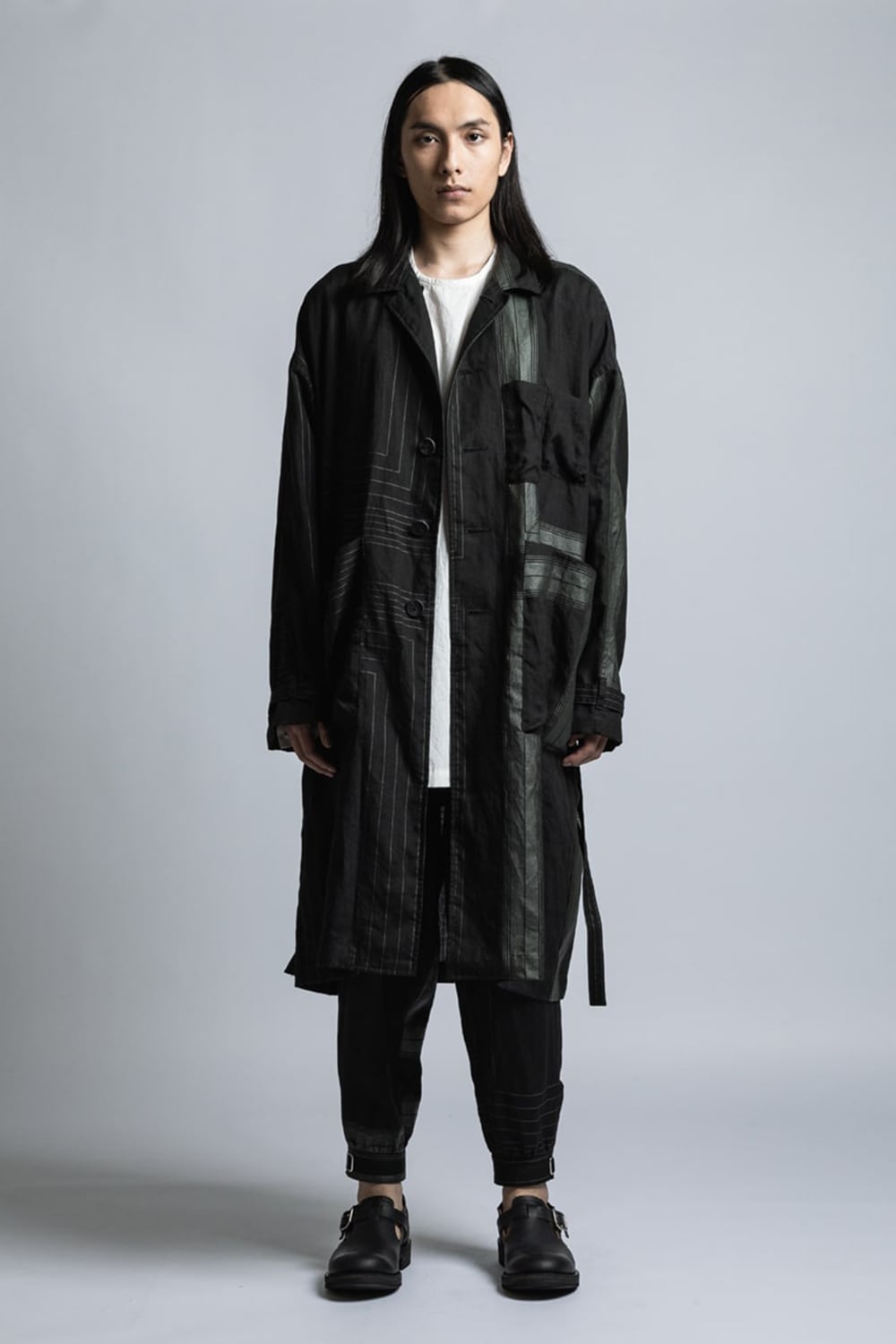 Square Print Linen Coat Black Stripe