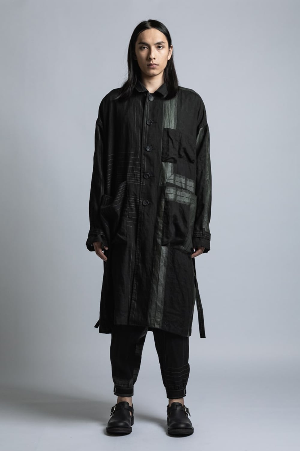 Square Print Linen Coat Black Stripe