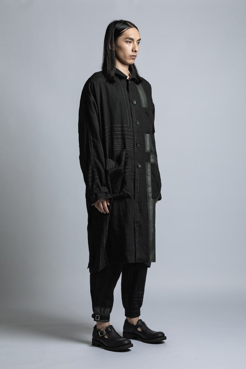 Square Print Linen Coat Black Stripe