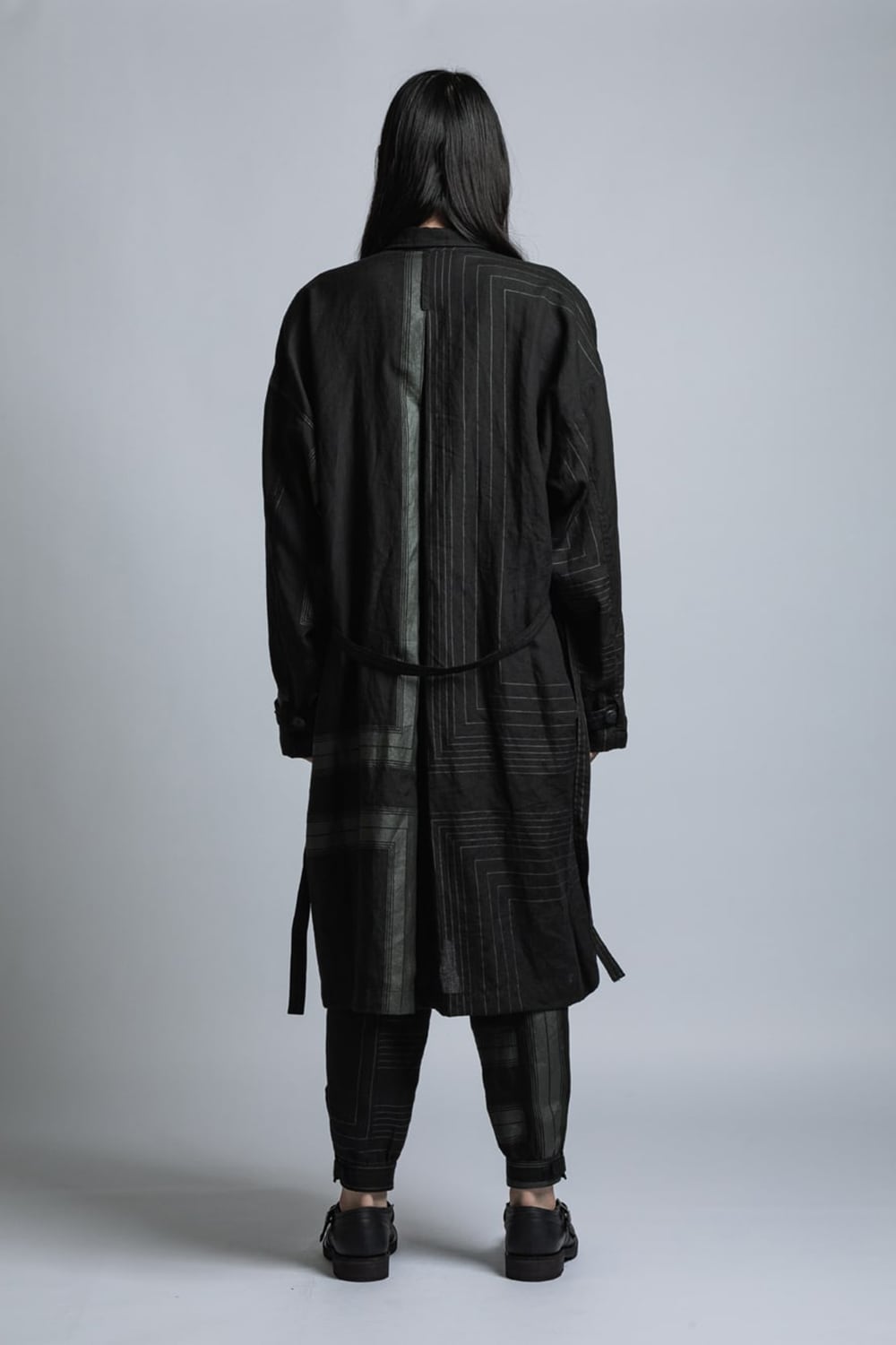 Square Print Linen Coat Black Stripe