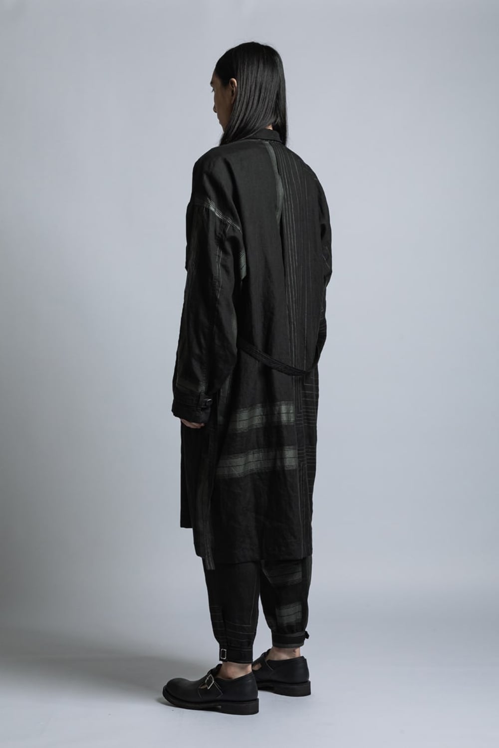 Square Print Linen Coat Black Stripe