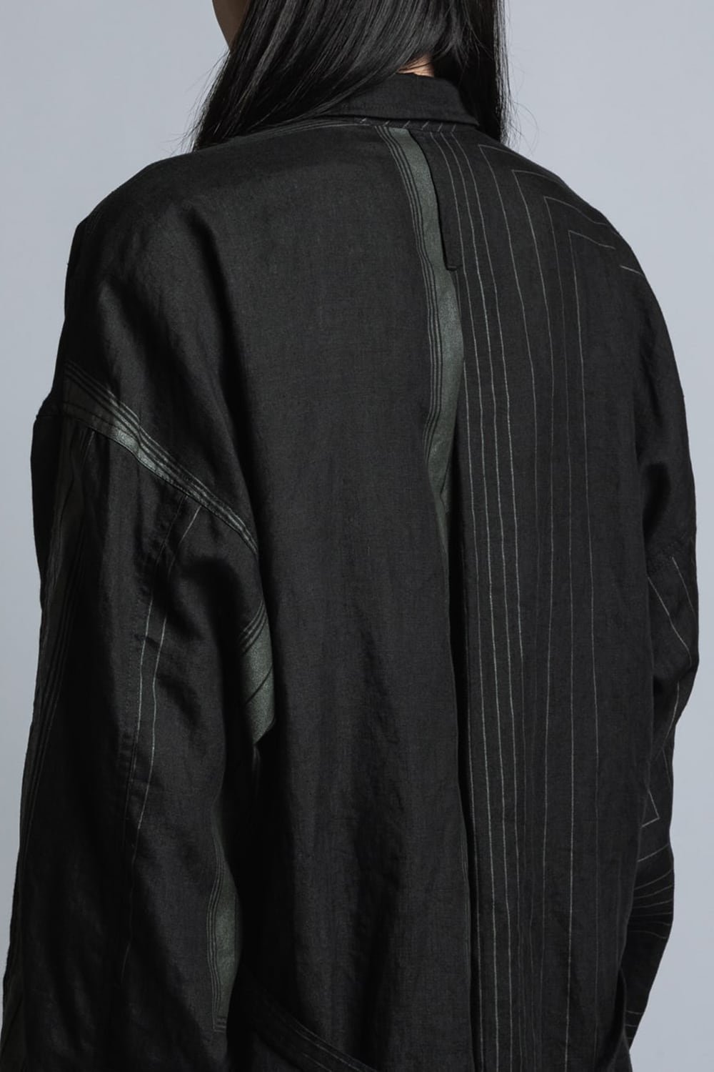 Square Print Linen Coat Black Stripe