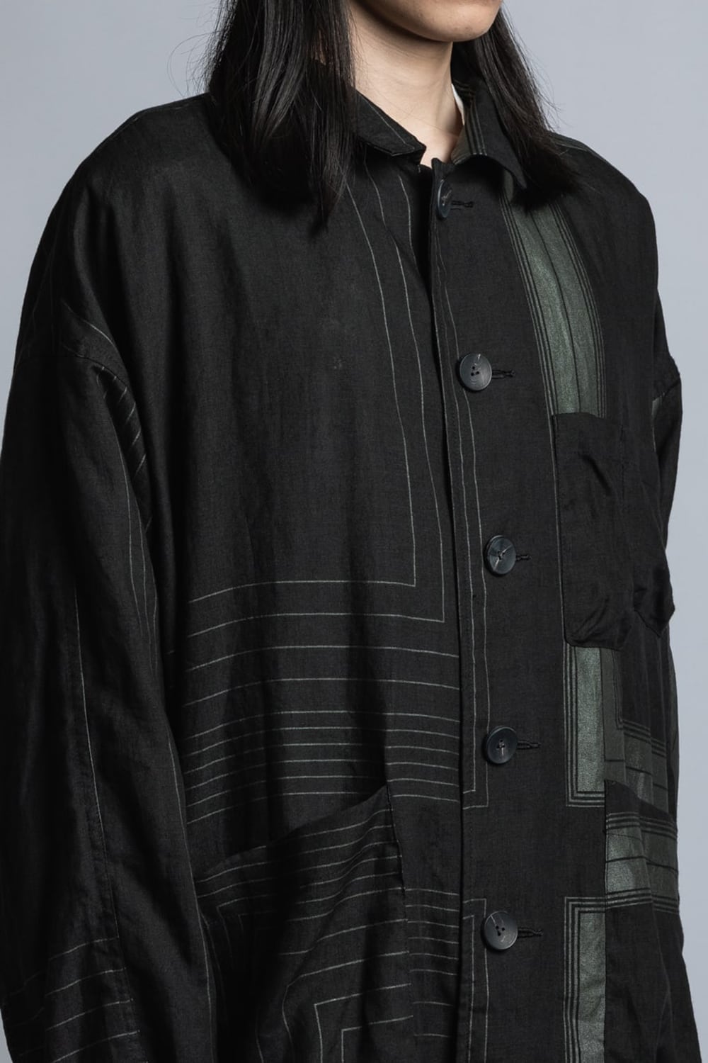 Square Print Linen Coat Black Stripe